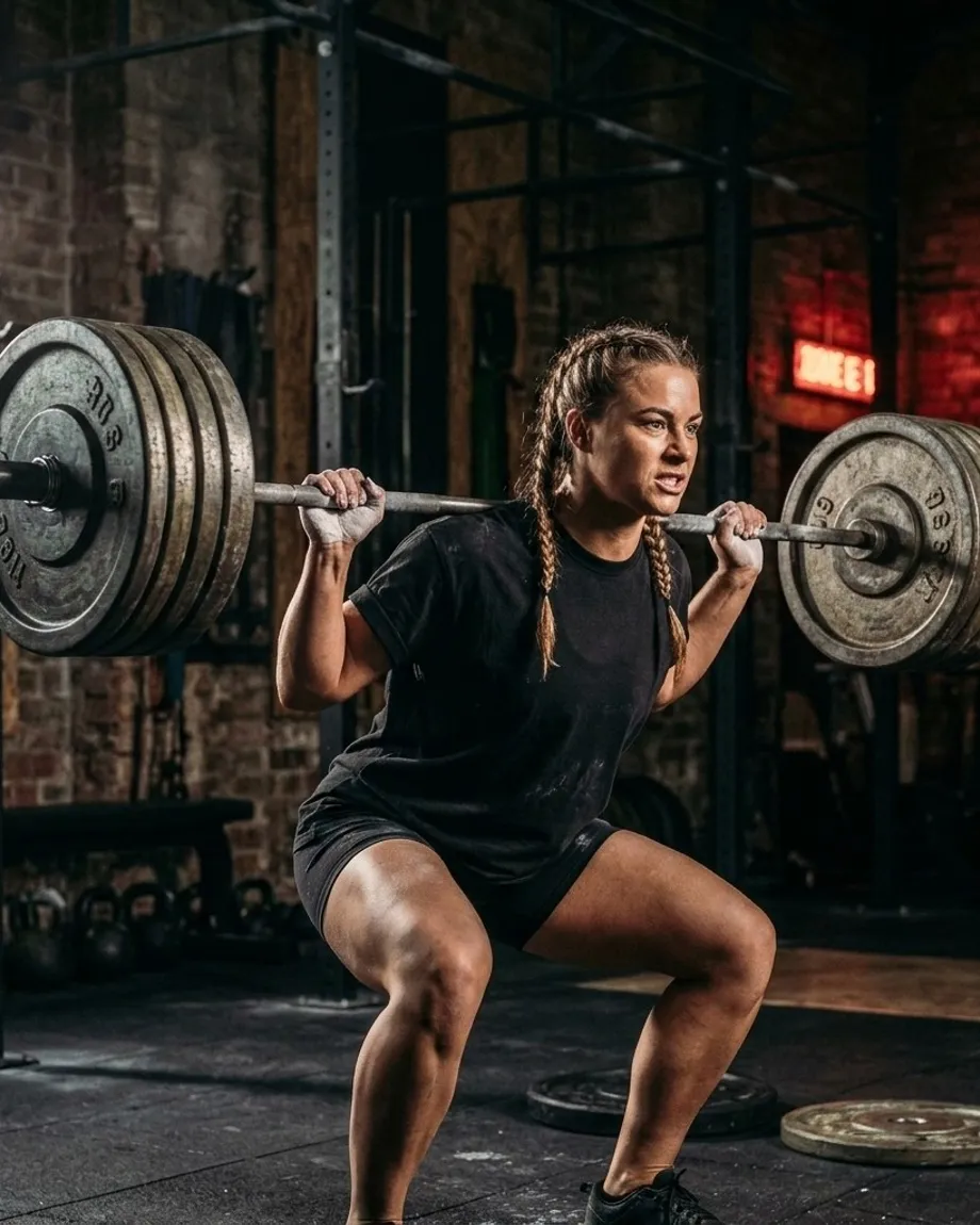 Atleta haciendo sentadilla con barra y playera negra oversize