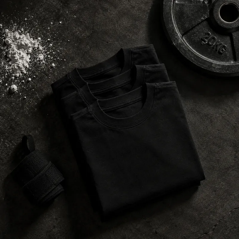 Tres playeras negras OUTLIFT dobladas junto a un disco de 20 kg, muñequera y magnesia