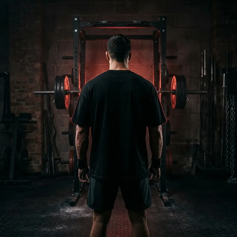 Atleta de espaldas con playera negra oversize frente a un rack con contraluz rojo