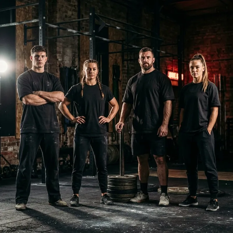 Equipo de cuatro atletas, hombres y mujeres, con playeras negras oversize en un gimnasio