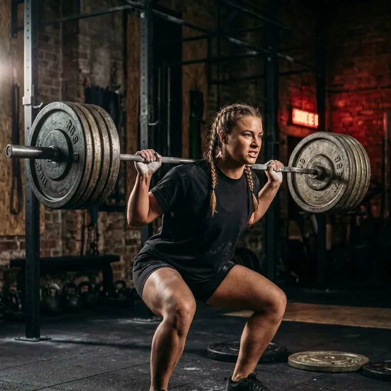 Atleta mujer haciendo sentadilla con barra cargada en un gimnasio oscuro